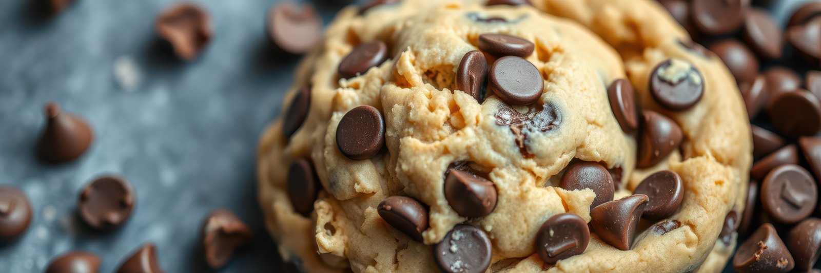 Freshly baked chocolate chip cookie dough scattered around on a black surface with chocolate chips